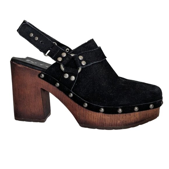 NWT Korks Black Suede Slingback Platform Clogs Size 9M Heeled Studded Leather - Picture 1 of 10